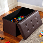 JupiterForce Ottoman Storage Bench, 30 Inches Folding Faux Leather Ottoman Bench with Storage Padded Seat Footrest Bench for Bedroom, Entryway, Living Room, Holds up to 350lbs, Brown