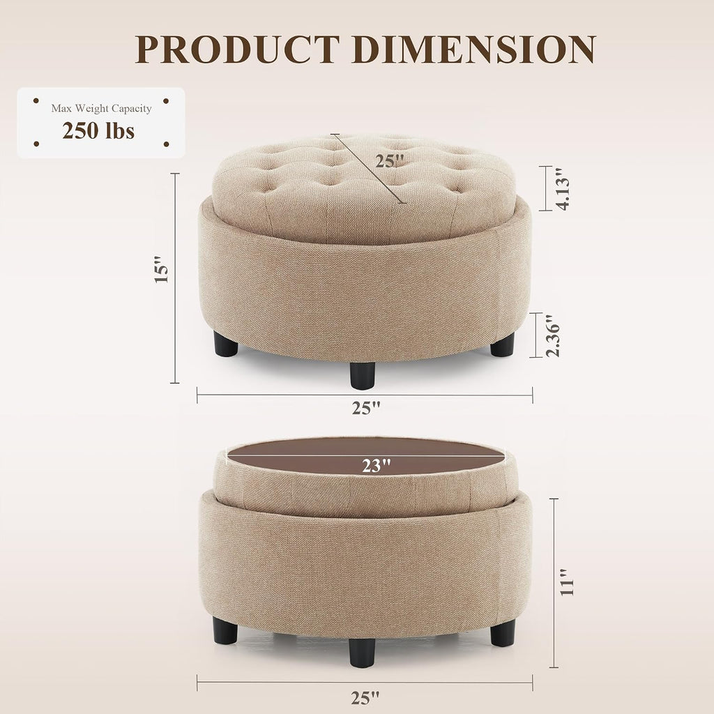 COLAMY Fabric Round Storage Ottoman with Reversible Tray Lid – Multi-Functional Footrest, Hidden Storage, Sturdy & Stylish Small Coffee Table for Living Room, Bedroom, or Entryway(Camel)