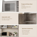 Kitchen Pantry Cabinet with Storage, Buffet Cabinet with Countertop for Microwave Stand, Tall Sideboard Storage Hutch Cabinets with LED, 3 Drawers & Adjustable Shelves for Dining Room, Grey