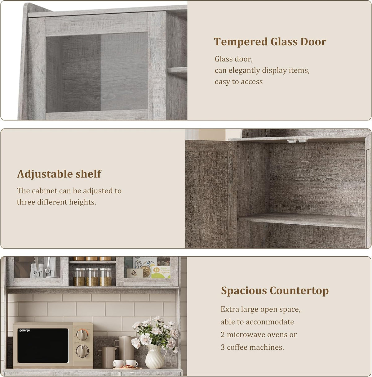Kitchen Pantry Cabinet with Storage, Buffet Cabinet with Countertop for Microwave Stand, Tall Sideboard Storage Hutch Cabinets with LED, 3 Drawers & Adjustable Shelves for Dining Room, Grey
