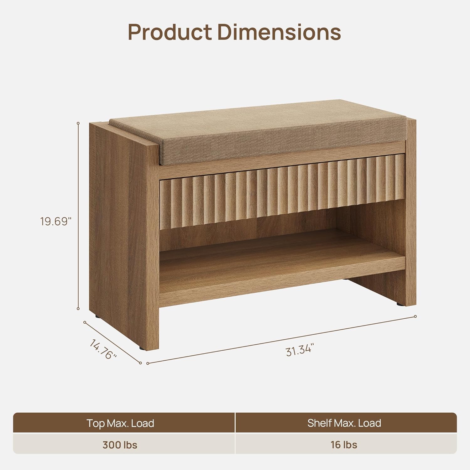 SICOTAS Fluted Shoe Bench with Cushion & Drawer for Entryway, Caramel Oak | Modern Fluted Design, 300 lb Capacity, 19.69"H Ergonomic Seat, Spacious Drawer, Open Shoe Storage, Multi-Room Use