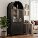 71" Fluted Arched Glass Door Cabinet, Tall Display Cabinet with Adjustable Shelves & Hidden Drawer, Soft Close China Hutch for Kitchen, Dining Room, Living Room (Black)