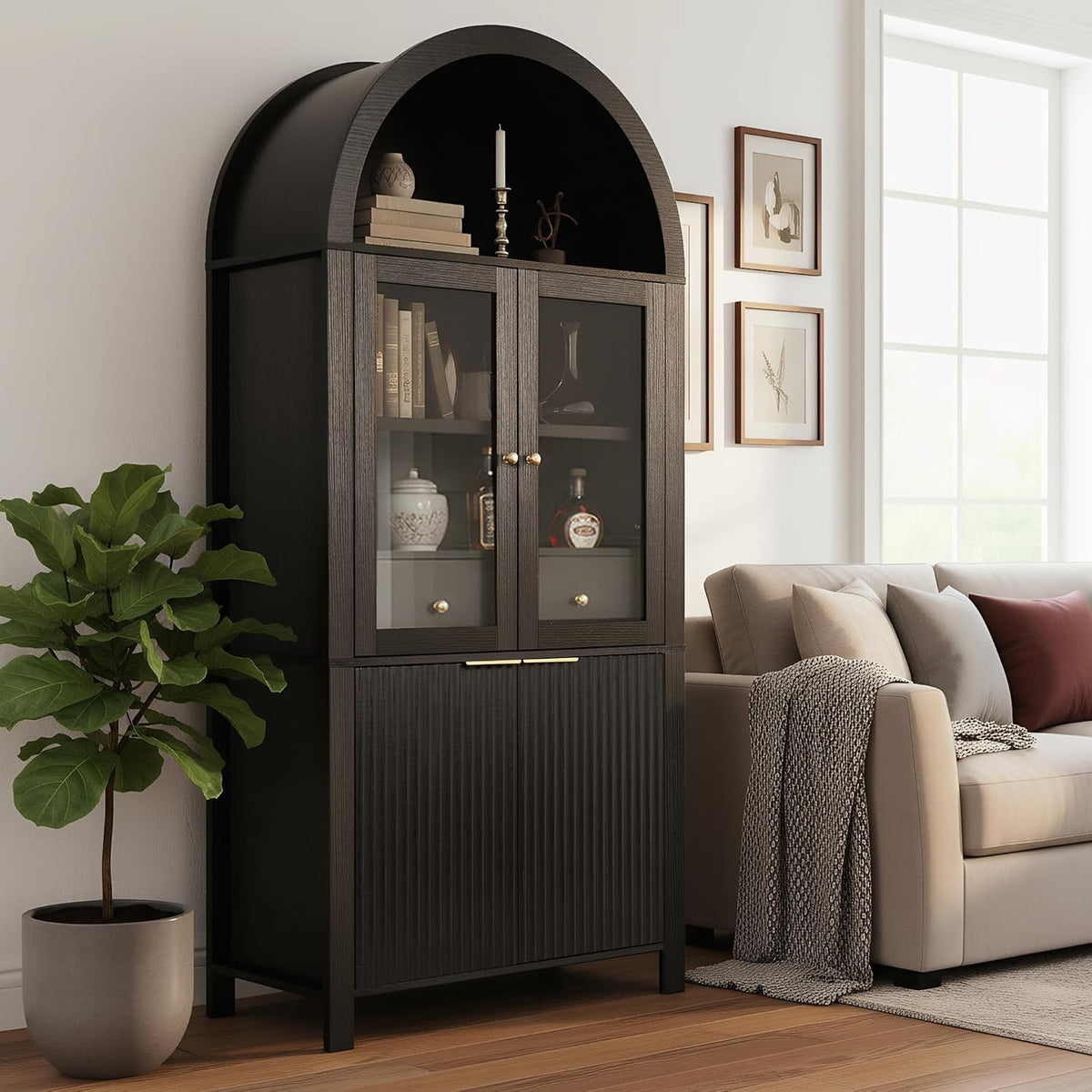 71" Fluted Arched Glass Door Cabinet, Tall Display Cabinet with Adjustable Shelves & Hidden Drawer, Soft Close China Hutch for Kitchen, Dining Room, Living Room (Black)