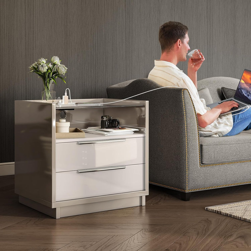 AMERLIFE 23.6" Nightstand Set of 2, Modern Bedside Table, Cream & Grey | High Gloss End Table, Night Stand with Charging Station, 2 Drawers & Open Shelf, Glass Top, Easy Assembly, Bedroom Storage