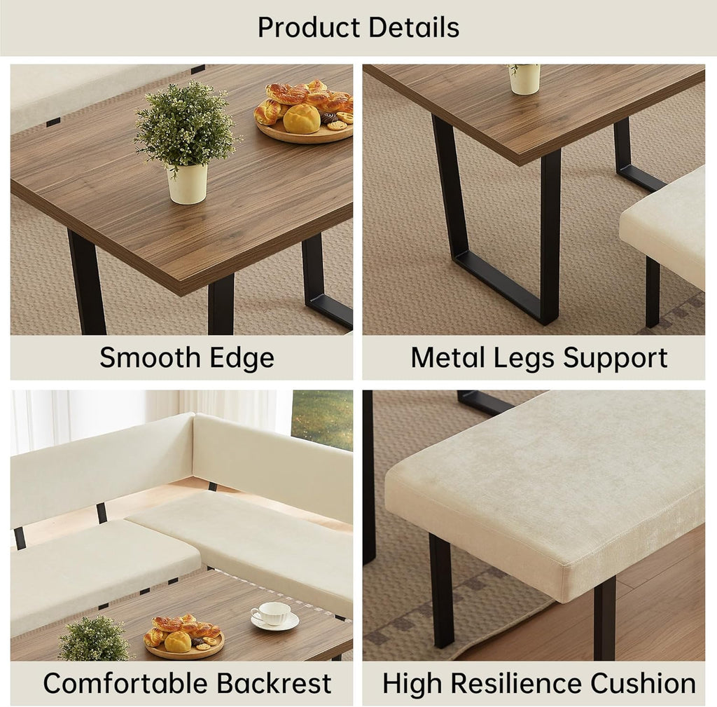HIPIHOM 3-Piece Corner Dining Table Set with Bench, 67 Inch Space-Saving Breakfast Nook for Kitchen & Dining Room (Walnut Table & Beige Bench)