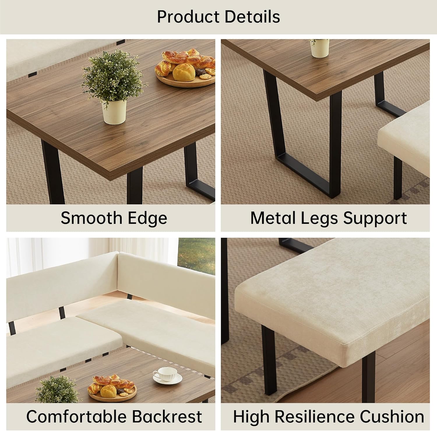 HIPIHOM 3-Piece Corner Dining Table Set with Bench, 67 Inch Space-Saving Breakfast Nook for Kitchen & Dining Room (Walnut Table & Beige Bench)