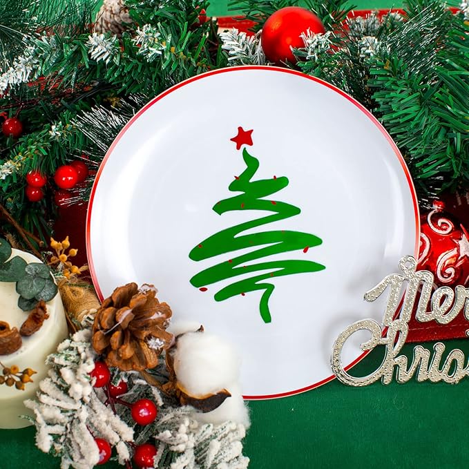 Supernal 350pcs Christmas Plastic Dinnerware Set,Christmas Plastic Plates,Gold Plastic Silverware,Gold Plastic Cups,Plastic Plates with Christmas Tree Design Suit for 50 Guests Perfect for Christmas