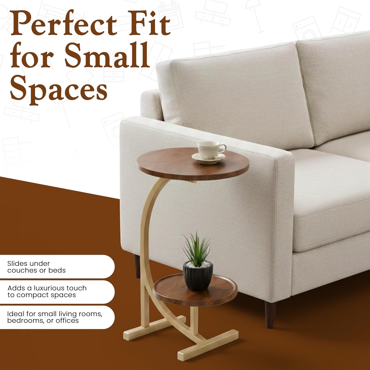 Kings Brand C-Shaped Side Table with 2-Tier Storage Shelf – Modern Round Wood Accent End Table with Gold Metal Frame, Space Saving Snack Laptop Table for Sofa, Couch, Living Room, Bedroom (Brown)