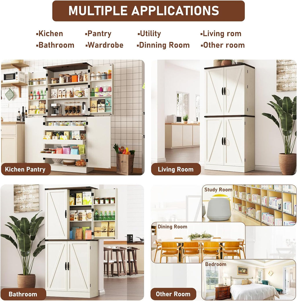 Farmhouse Kitchen Pantry Cabinet with 3 Drawers,71" Tall Rustic Wood Storage Cabinet with 6 Door Shelves,with Load-Bearing Steel Pipe,Pantry Organizers for Kitchen,Dining Room(Rustic Off White)