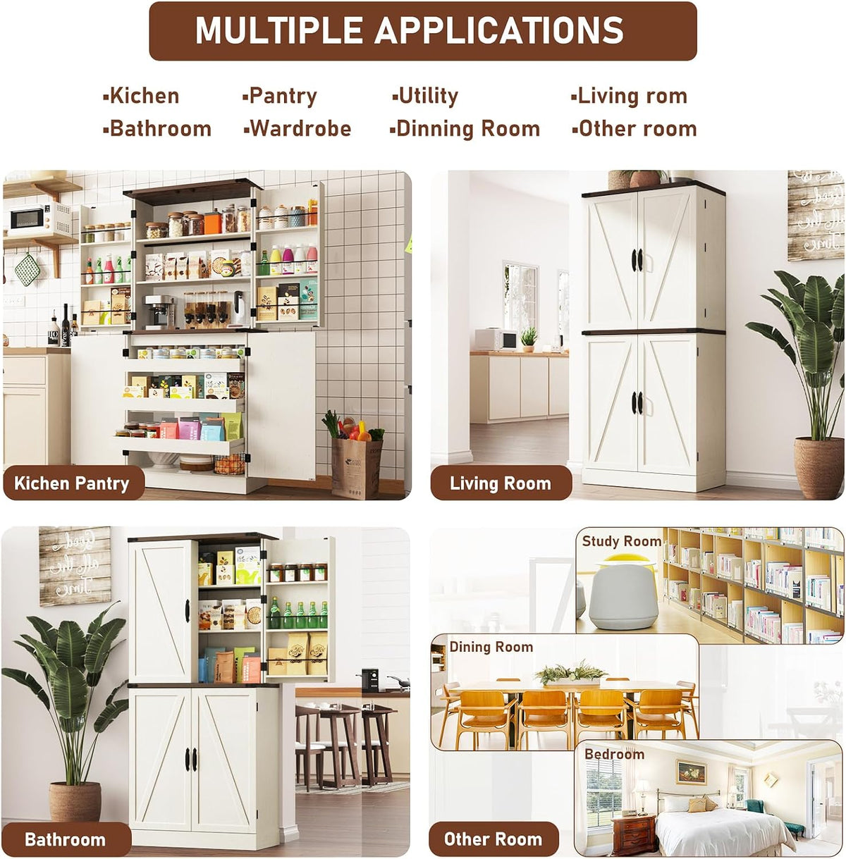 Farmhouse Kitchen Pantry Cabinet with 3 Drawers,71" Tall Rustic Wood Storage Cabinet with 6 Door Shelves,with Load-Bearing Steel Pipe,Pantry Organizers for Kitchen,Dining Room(Rustic Off White)