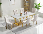 7 Piece Dining Table Set, White Faux Marble Dining Table with 6 Beige Velvet Dining Chairs, 68.11" Kitchen Table and Chair Set with Gold Stainless Steel Base, Luxury Dining Table Set for Kitchen