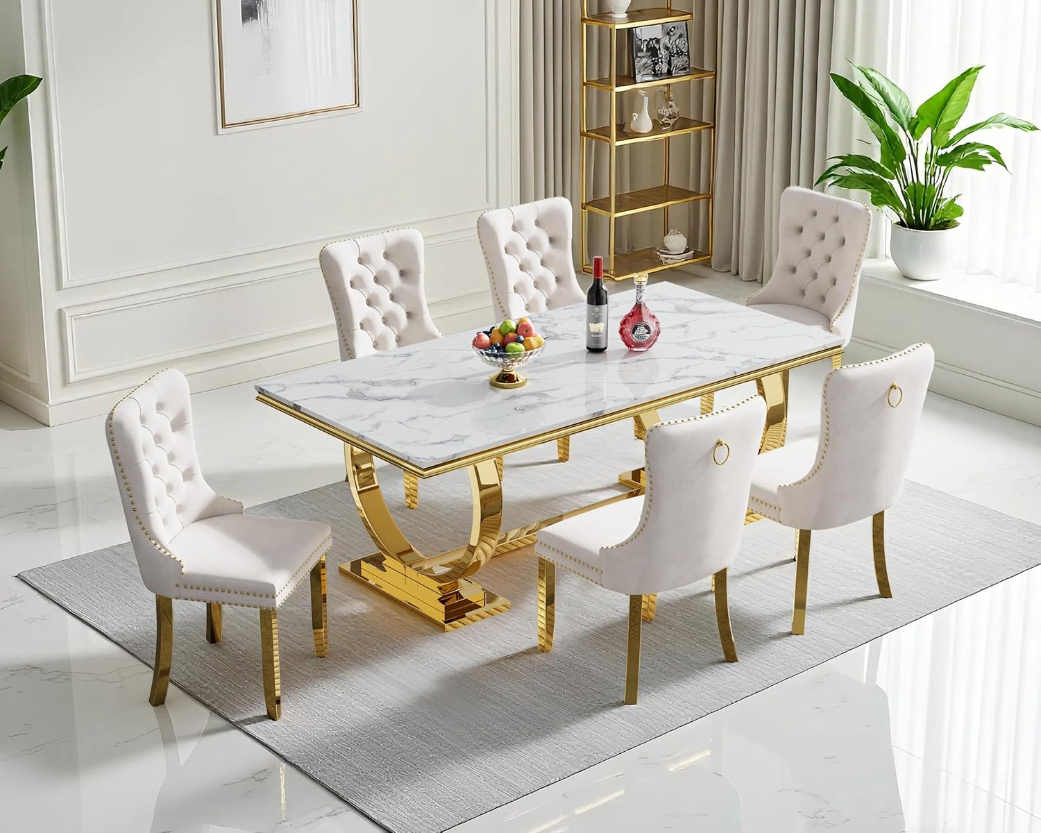7 Piece Dining Table Set, White Faux Marble Dining Table with 6 Beige Velvet Dining Chairs, 68.11" Kitchen Table and Chair Set with Gold Stainless Steel Base, Luxury Dining Table Set for Kitchen