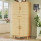 HUAHUU 71" Tall Pantry Cabinet with Curved Rattan Doors, Large Pantry Storage Cabinet with Drawer & Adjustable Shelves, Modern Farmhouse Kitchen Cabinet for Dining Room, Living Room, Oak
