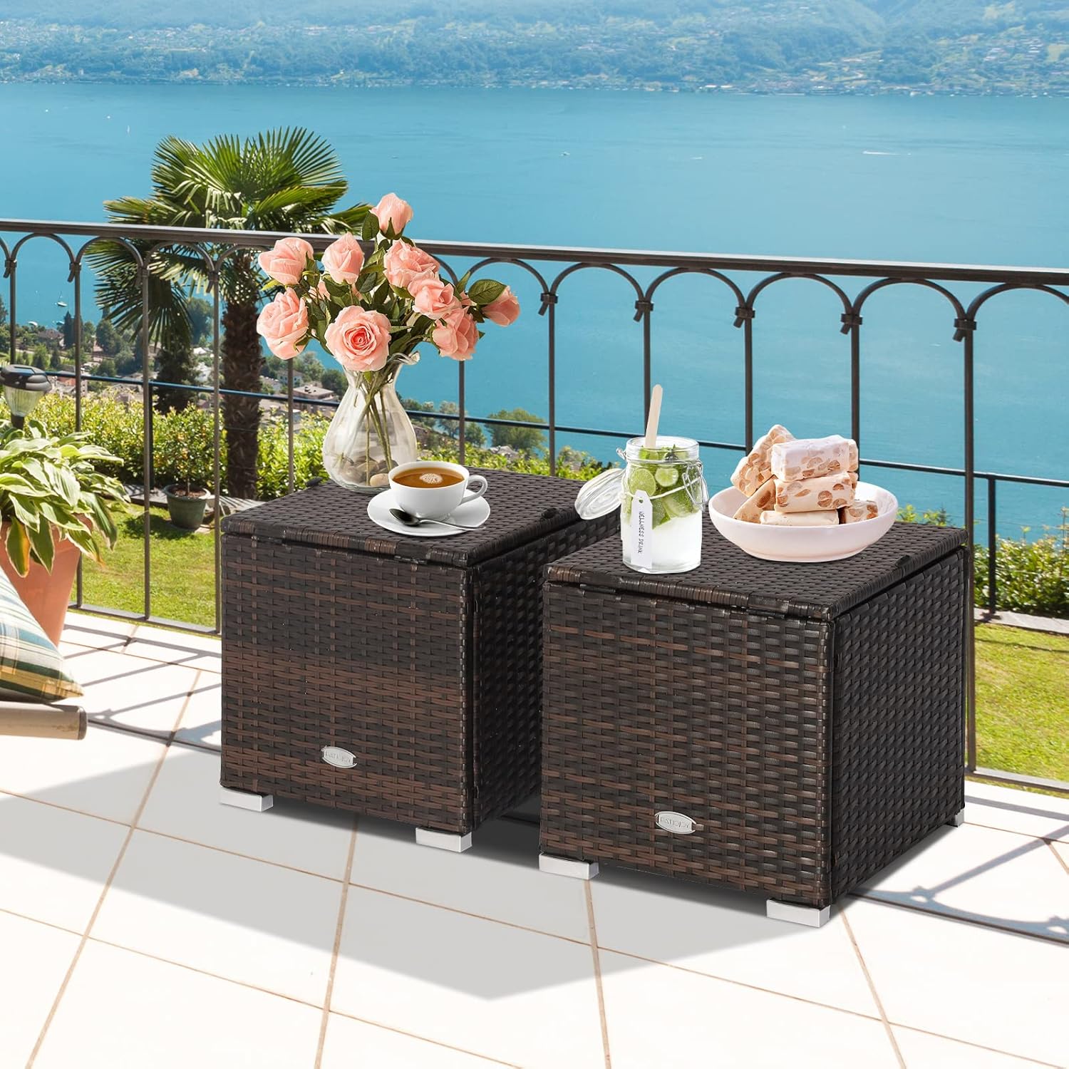 Tangkula 2 Pieces Patio Ottomans, Patiojoy Hand-Woven PE Rattan Side Table with Removable Cushion & Hidden Storage Space, Multifunctional Storage Box, Seat for Patio, Backyard, Poolside (Beige)