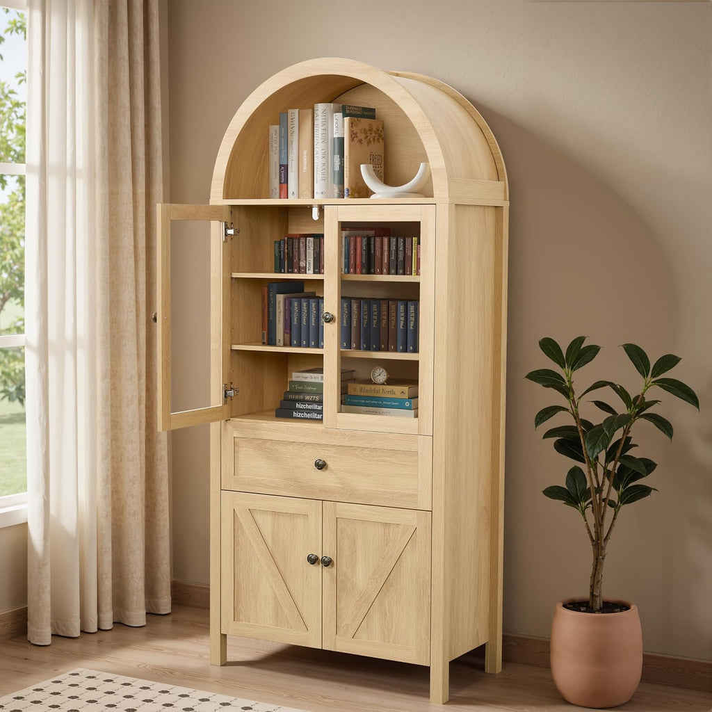 GDFStudio 71'' Arched Kitchen Pantry Cabinet, Wooden Pantry Cabinets for Kitchen Storage, Kitchen Storage Furniture with Adjustable Shelves, Multi-Functional Bookcase for Living Room, Oak