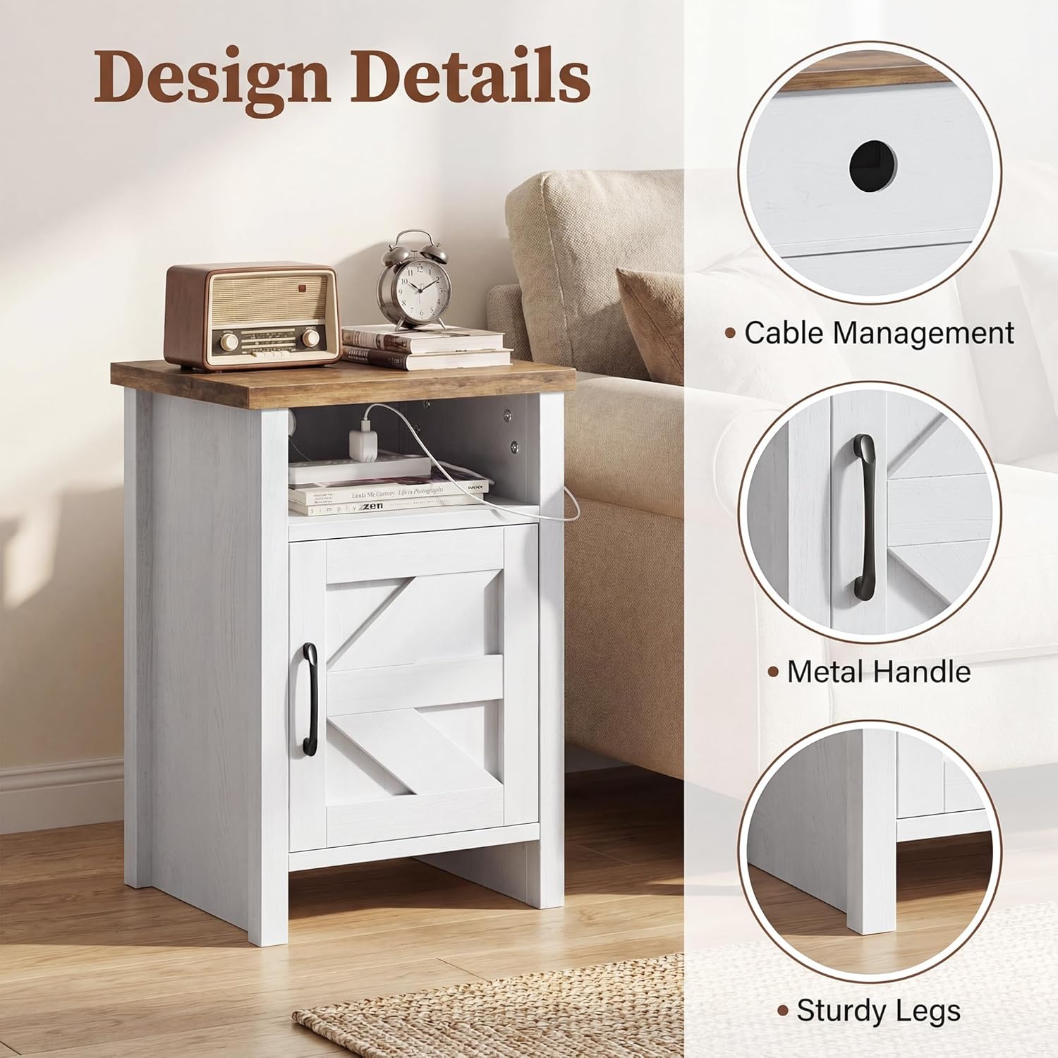JUMMICO Farmhouse Nightstand, Modern Bedside Table with Barn Door and Shelf, Rustic End Table Side Table for Bedroom, Living Room(2, Rustic & White)