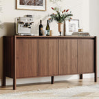 59" Wide Walnut Buffet Cabinet Storage,4 Doors and Adjustable Shelves,Solid Wood Round Legs,Wood Mid Century Sideboard for Kitchen,Living Room,Coffee Bar.