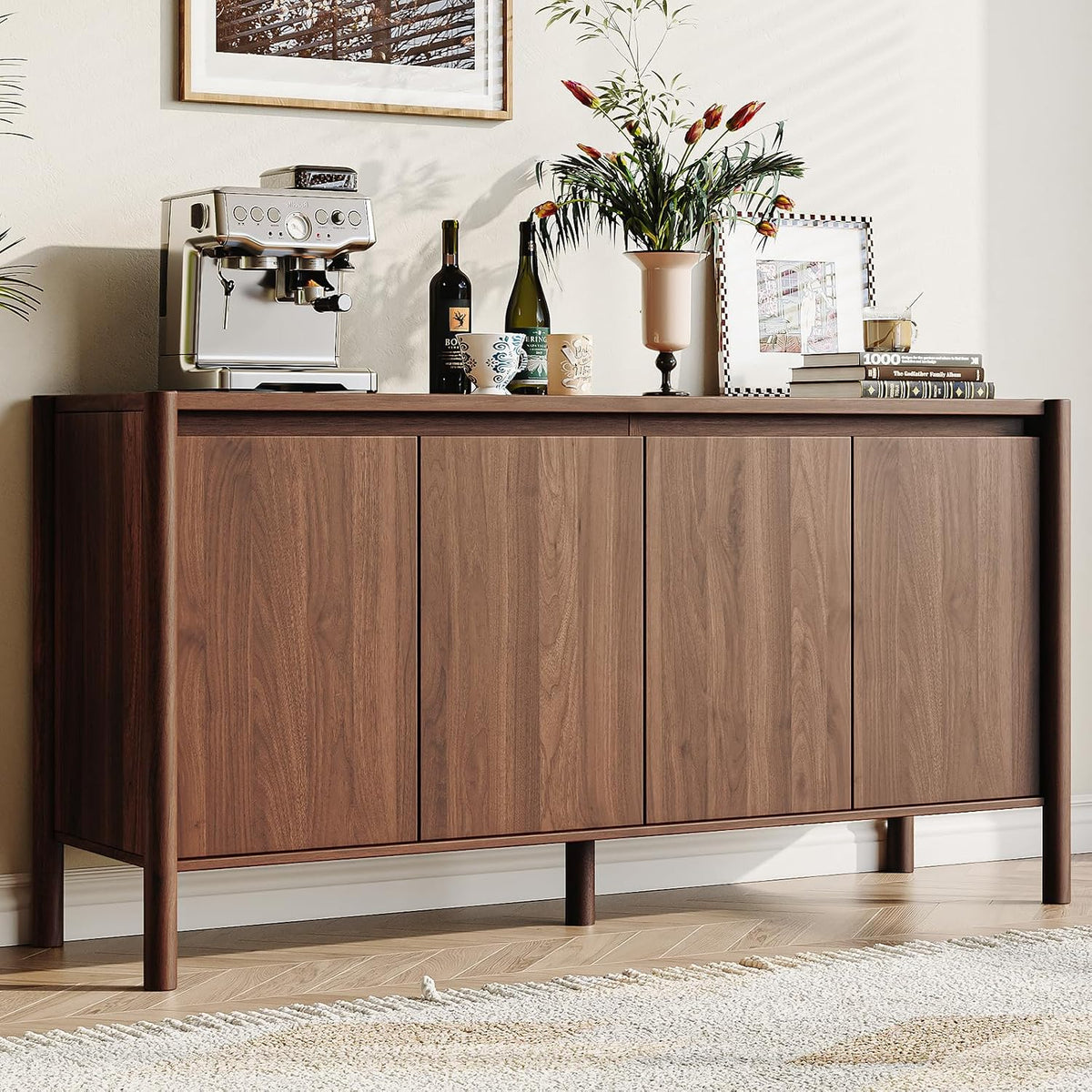59" Wide Walnut Buffet Cabinet Storage,4 Doors and Adjustable Shelves,Solid Wood Round Legs,Wood Mid Century Sideboard for Kitchen,Living Room,Coffee Bar.