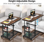 Tribesigns Height Adjustable C Table with Wheels, Mobile Couch Snack Side Table with Tiltable Drawing Board, Sofa Bedside Laptop Stand C Shaped TV Tray with Storage Shelves (Brown)