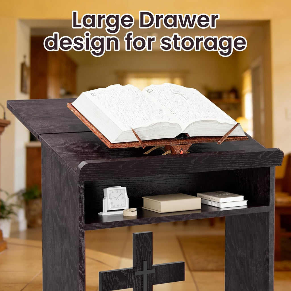 Foldable Prayer Kneeler, Wooden Prayer Bench with Storage Shelf, Cushion Pad, Rounded Corner Bookend and Customizable Cross Decoration, Reinforced Steel Tube Base Design (Dark Brown)