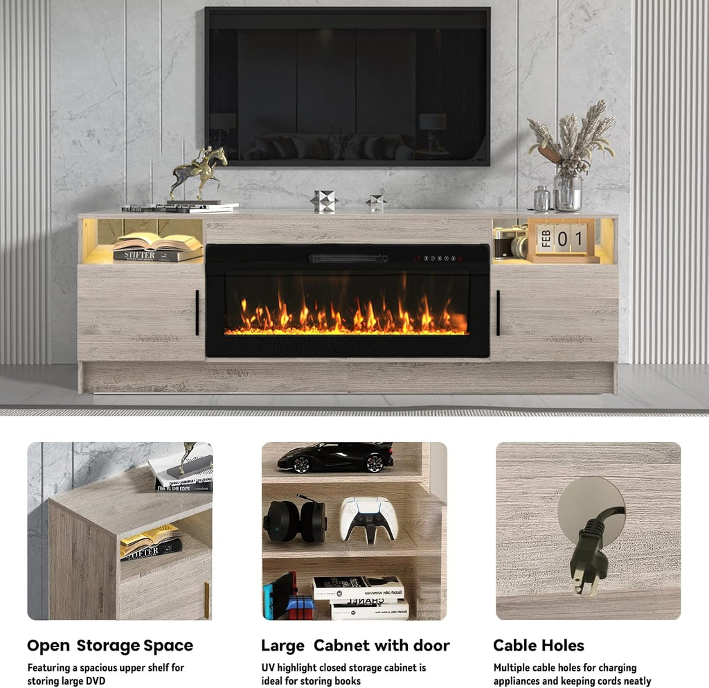 Kucreiheat Electric Fireplace TV Stand with Led Lights-42 Fireplace Entertainment Center for Up to 90 inch TV-Modern TV Console for Living Room with Storage Cabinet, Oak Grey
