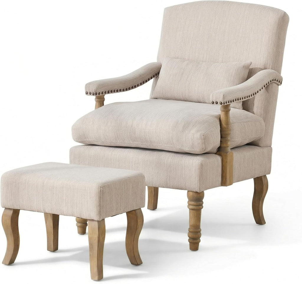 Accent Chair with Ottoman, Farmhouse Upholstered Armchair with Removable Thick Cushion & Lumbar Pillow, Wood Turned Legs, Comfy Reading Chair for Living Room Bedroom, Natural Beige