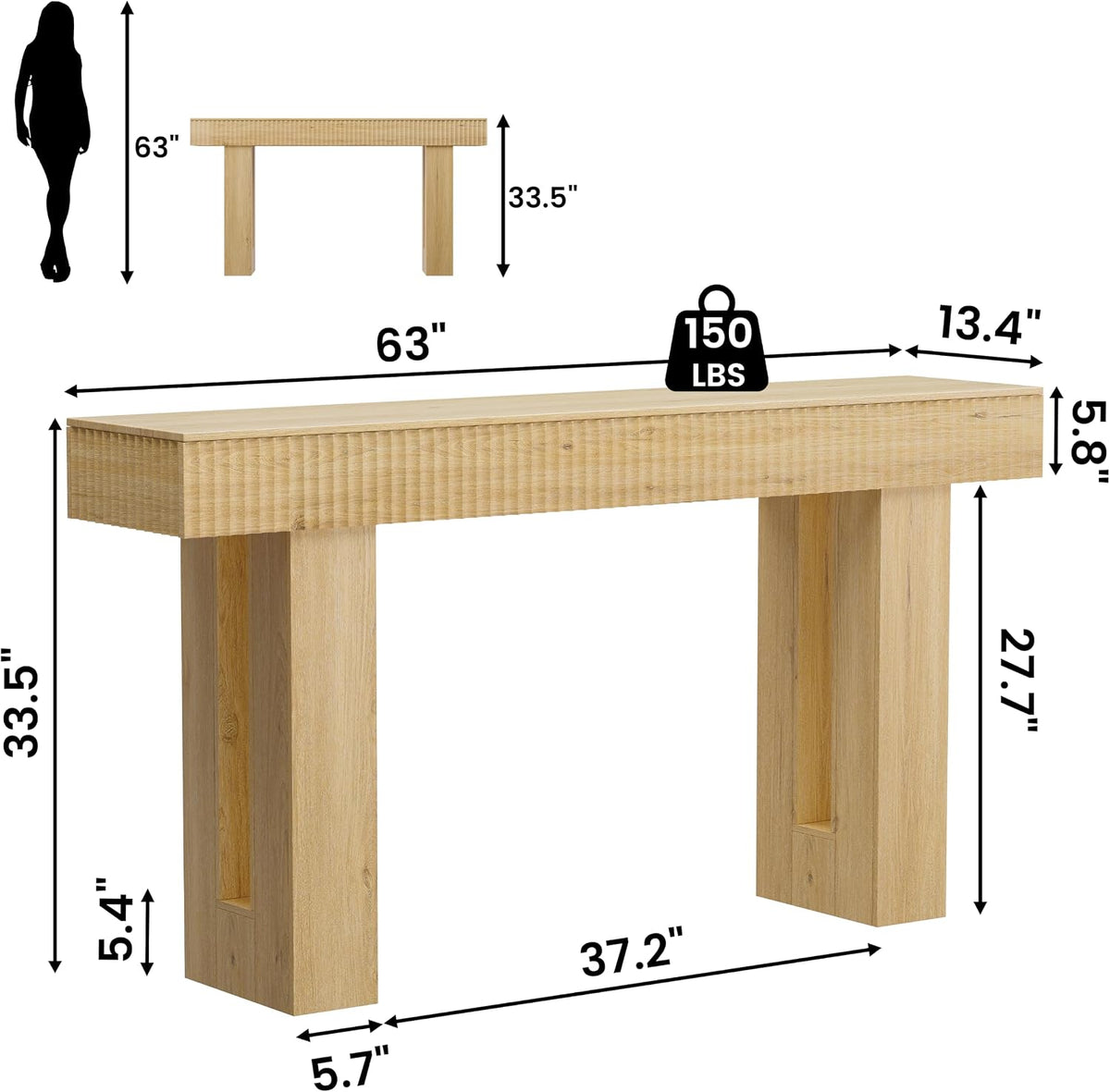 63" Long Console Table, Fluted Sofa Table Behind Couch, Natural Oak | Narrow Console Table with Storage Space, Modern TV Console Table for Living Room, Wood Hallway Table for Entryway, Front Door