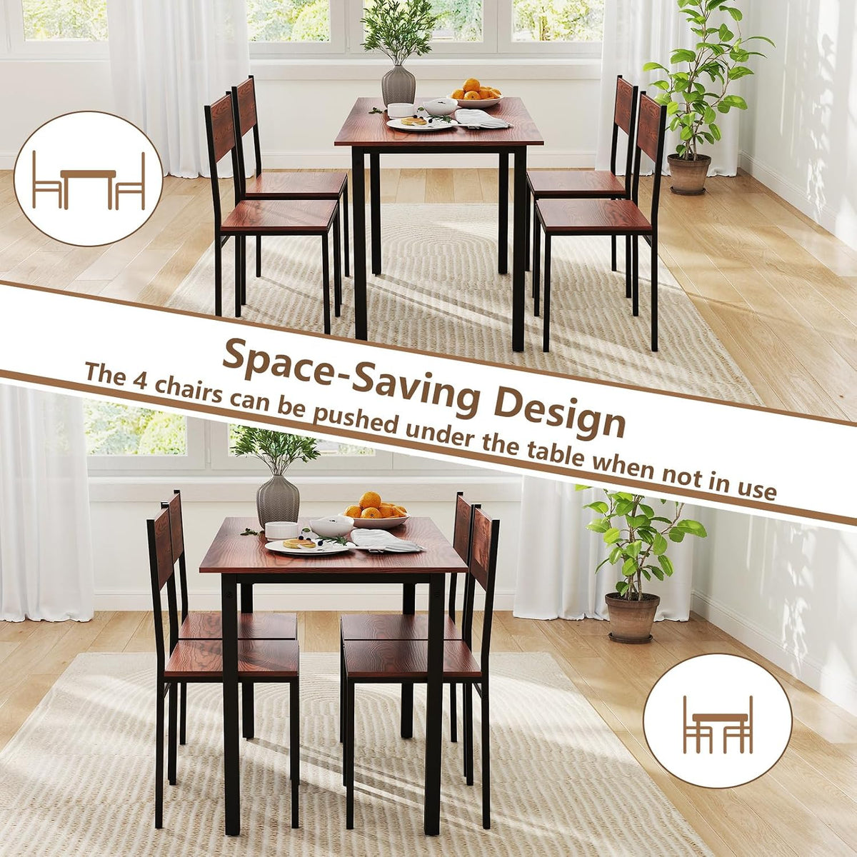GOFLAME 5-Piece Dining Table Set, Industrial Kitchen Table and Chairs for 4 with Backrest and Metal Frame, Rectangular Space-Saving Dinette Set for Dining Room, Apartment, Small Space, Walnut