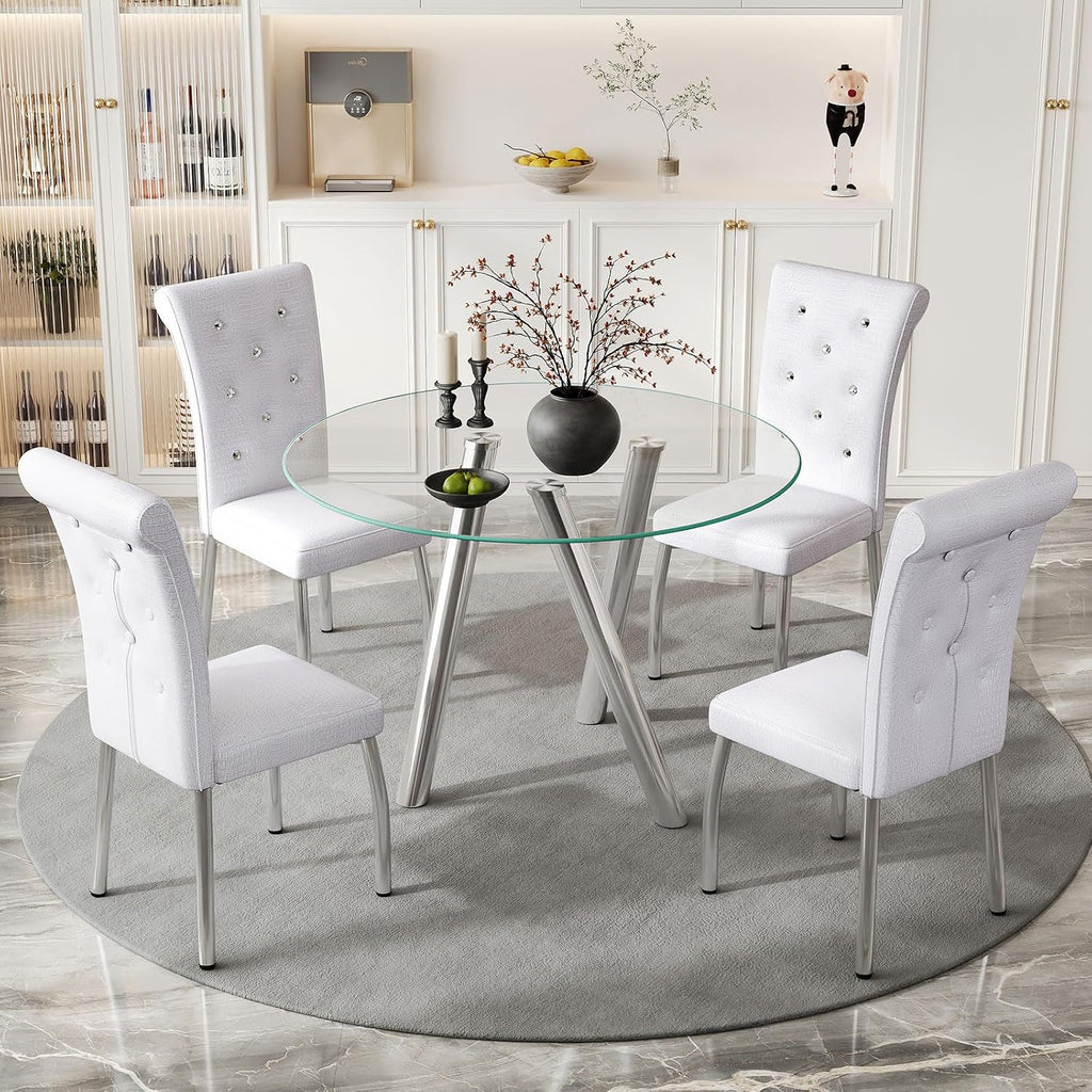 35" Round Dining Table for 4, Modern Round Glass Dining Table with Metal Legs, Round Kitchen Table for Dining Room Home Office Small Spaces