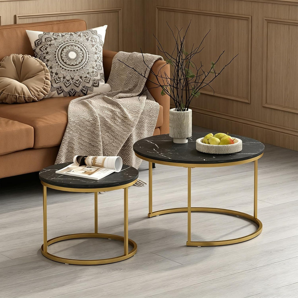 Nesting Coffee Table Set of 2, 27.6 inch Round Side Tables Coffee Table with Wood Marble Pattern Top Sturdy Metal Frame, End Table for Living Room Bedroom Balcony Yard (Black+Gold)