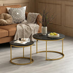 Nesting Coffee Table Set of 2, 27.6 inch Round Side Tables Coffee Table with Wood Marble Pattern Top Sturdy Metal Frame, End Table for Living Room Bedroom Balcony Yard (Black+Gold)