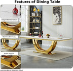 94" White Dining Table for 6-10, Modern Rectangular Kitchen Table with Faux Marble Table Top and Double U-Shaped Gold Stainless Steel Base, Large Long Dinner Table for Kitchen Dining Room