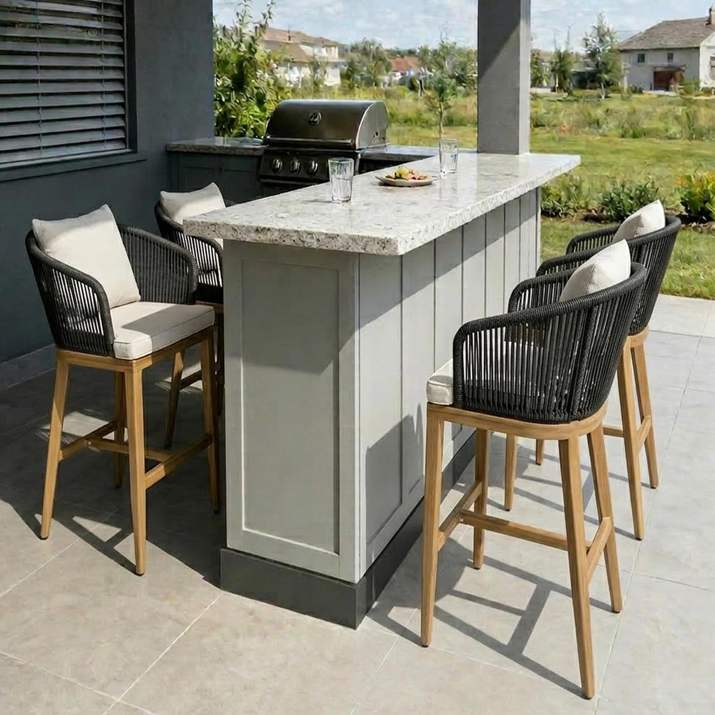 PURPLE LEAF 4 Pieces Bar Height Stools Patio Modern Aluminum Wicker High Back Arms Bar Chairs with Removable Cushions and Pillows for Garden Pool Outdoor Barstools, Teak