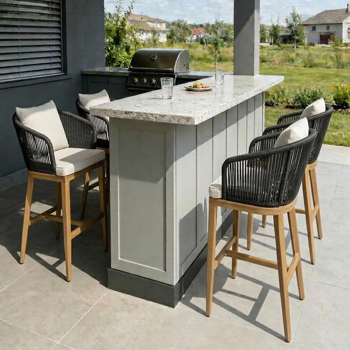 PURPLE LEAF 4 Pieces Bar Height Stools Patio Modern Aluminum Wicker High Back Arms Bar Chairs with Removable Cushions and Pillows for Garden Pool Outdoor Barstools, Teak