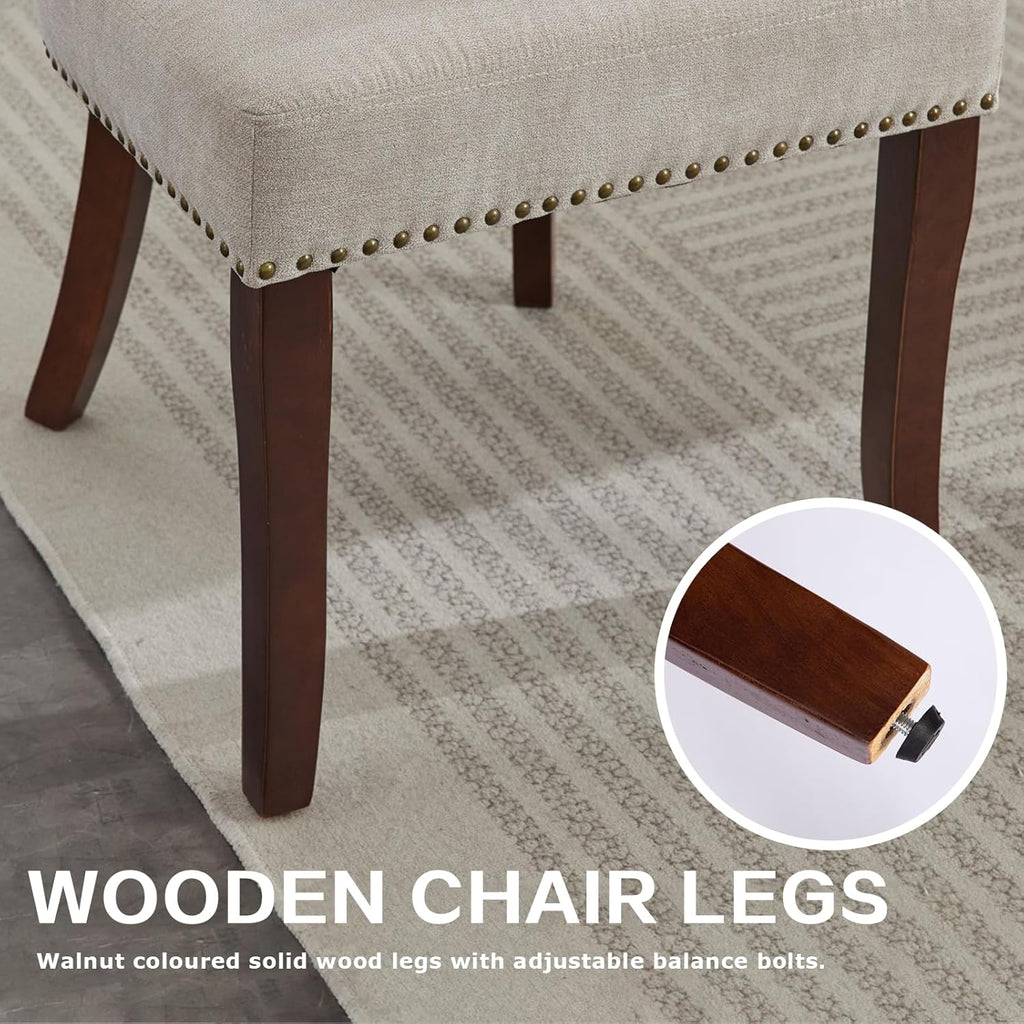 SoarFlash Modern Wooden Dining Chairs Set of 6, Farmhouse Linen Fabric Upholstered Accent Chair Curved Backrest with Copper Nails Around,Kitchen Chairs with Hardwood Frame, Beige
