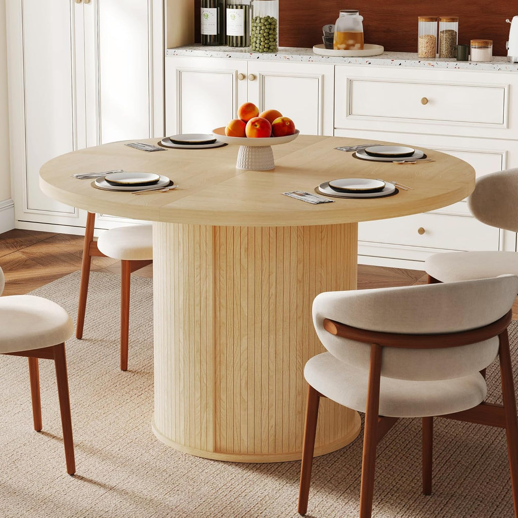 47 inch Round Dining Table for 4-6, Dinner Table with 2-Layer Storage Shelf, Morden Circle Kitchen Table with Wooden Strip Base and Wood Slide Door for Home Dining Room, Living Room, Natural