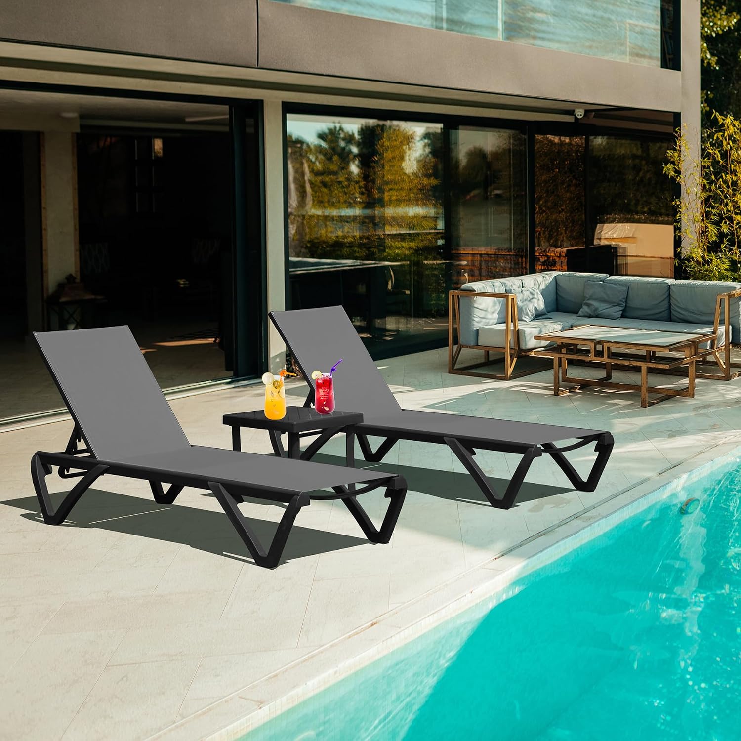 Domi Aluminum Pool Lounge Chair Outdoor Set of 2 Chaise Lounge Outdoor | Gray, Side Table, Wheels, Adjustable, Textilene, All Weather, Poolside, Backyard, Patio, Deck, Outside