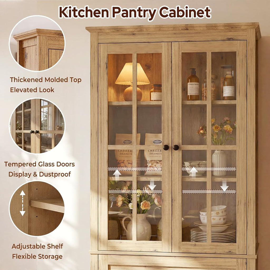 63" Tall Kitchen Pantry Cabinet Set of 2, Farmhouse Wood Storage Cabinet | Freestanding Kitchen Hutch Cupboard with 2 Drawers & Glass Doors & Adjustable Shelves for Dining Living Room (Yellow Oak)
