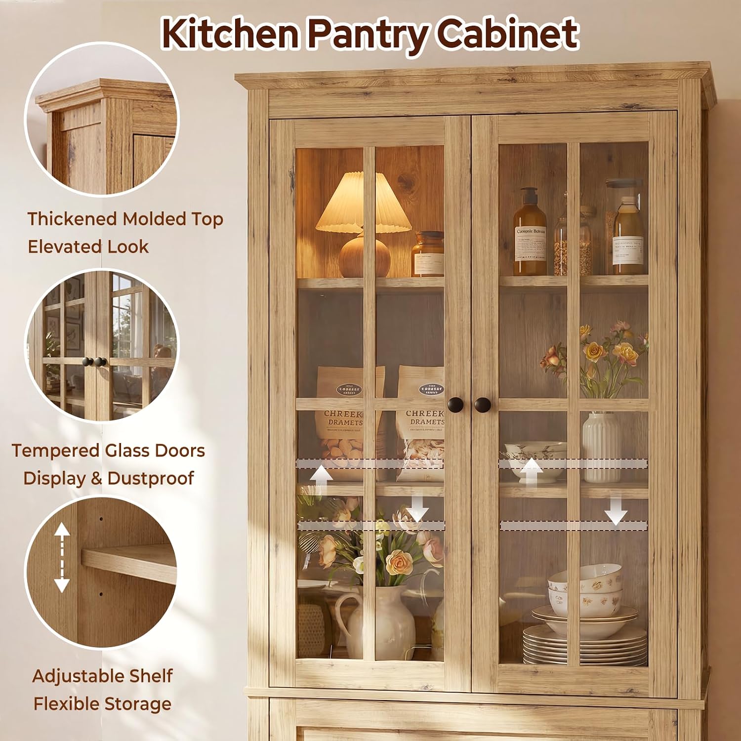 63" Tall Kitchen Pantry Cabinet Set of 2, Farmhouse Wood Storage Cabinet | Freestanding Kitchen Hutch Cupboard with 2 Drawers & Glass Doors & Adjustable Shelves for Dining Living Room (Yellow Oak)
