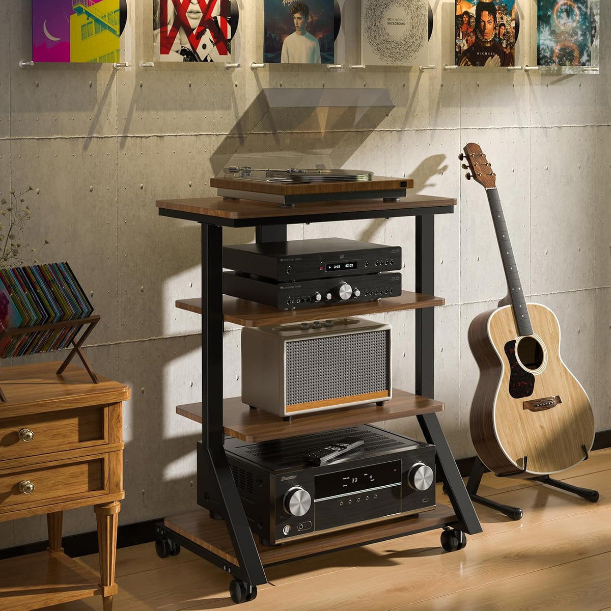Rfiver 4-Tier AV Media Stand with Wheels, Mobile Rack Audio Tower with Height Adjustable Shelves, Wooden Stereo Racks and Stands, Stereo Stand for Record Player, TV Box, Corner Entertainment Center