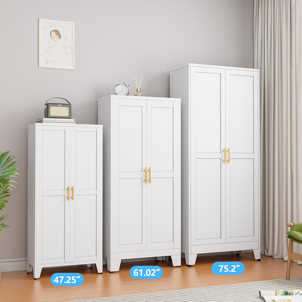 Metal Storage Cabinet with Doors and Shelves, 61" Tall Kitchen Pantry Storage Cabinet for Food, Large Freestanding Pantry Closet for Kitchen, Dining Room, Living Room (White)