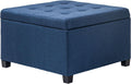 Round Storage Button Tufted Flip Top Ottoman in Deep Blue Velvet Fabric Comfortable Upholstery and Modern Design