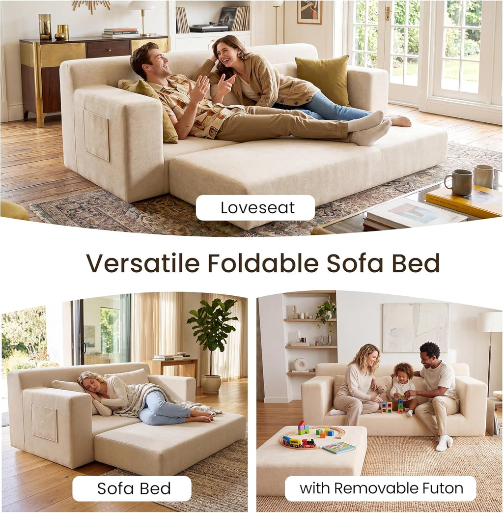 GRUSIGN 71" Loveseat Couch,Chenille Pullout Futon Couch,4 in 1 Folding 3 Seater Sofa Bed for Living Room, Cloud Couch with Storage Pocket & 2 Pillows,Beige