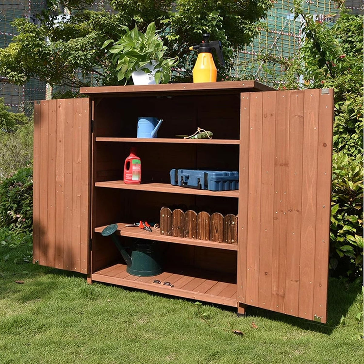Large Vertical Outdoor Storage Box Adjustable Foot Pads, Wooden Outdoor Storage Cabinet with Doors Galvanized Cabinet Top for Delivery Patio Garden and Porch,Br,Brown