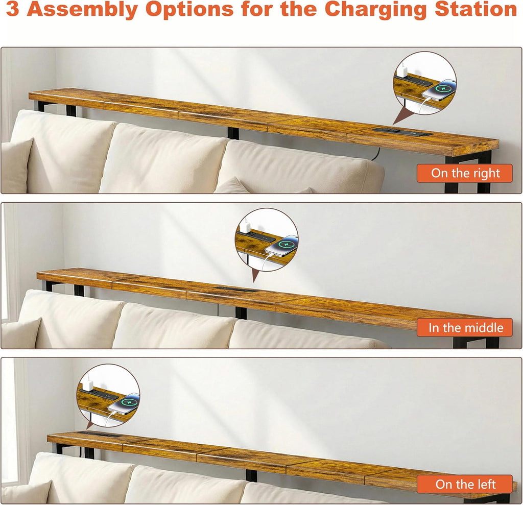 90" Narrow Sofa Table with Outlets (2 AC Outlets & 2 USB Ports), Behind Couch Table with Charging Station, Long Skinny Console Table for Living Room, Entryway and Hallway (Rustic Brown)