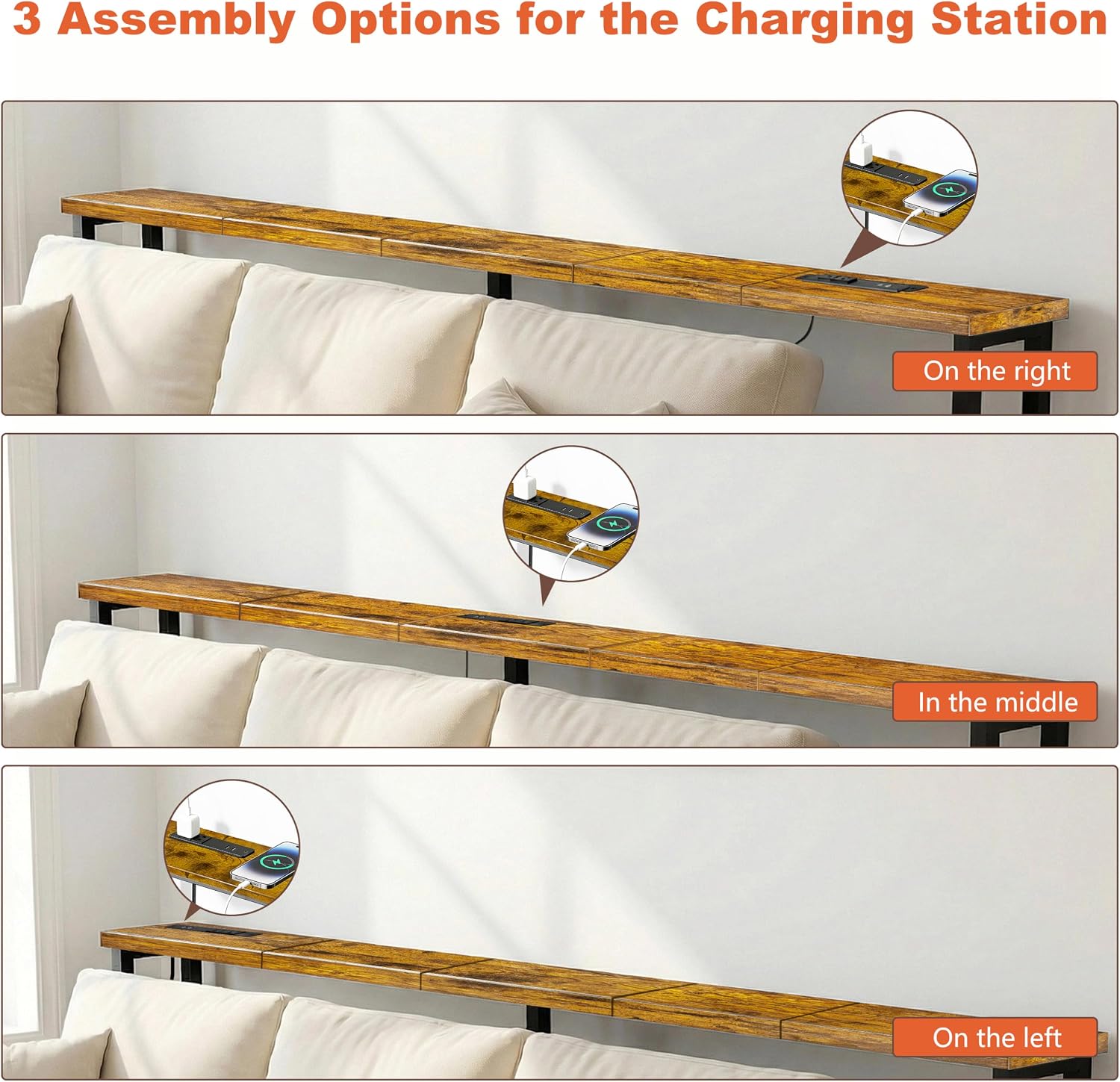 90" Narrow Sofa Table with Outlets (2 AC Outlets & 2 USB Ports), Behind Couch Table with Charging Station, Long Skinny Console Table for Living Room, Entryway and Hallway (Rustic Brown)