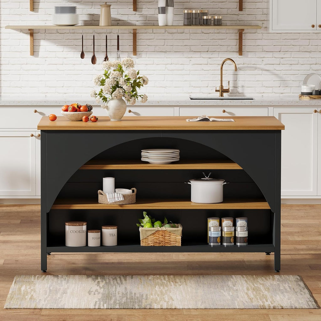 Tribesigns Kitchen Island with 3 Storage Shelves, 55" W Kitchen Shelf with Large Countertop and Seating Area, Modern Wooden Coffee Bar Table (Black)