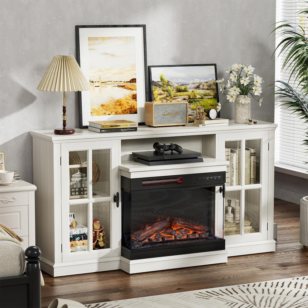 JUMMICO Fireplace TV Stand up to 65", 3-Sided Glass, Distressed White | Entertainment Center with Cabinet Storage, Adjustable Flame and LED Colors, Media Console for Living Room