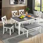Merax 6-Piece Farmhouse Dining Table Set with Chairs and Bench, Wood Kitchen Table Set for 4-6, Rectangular Kitchen Dining Table for Dining Room, Kitchen, Small Apartment, White