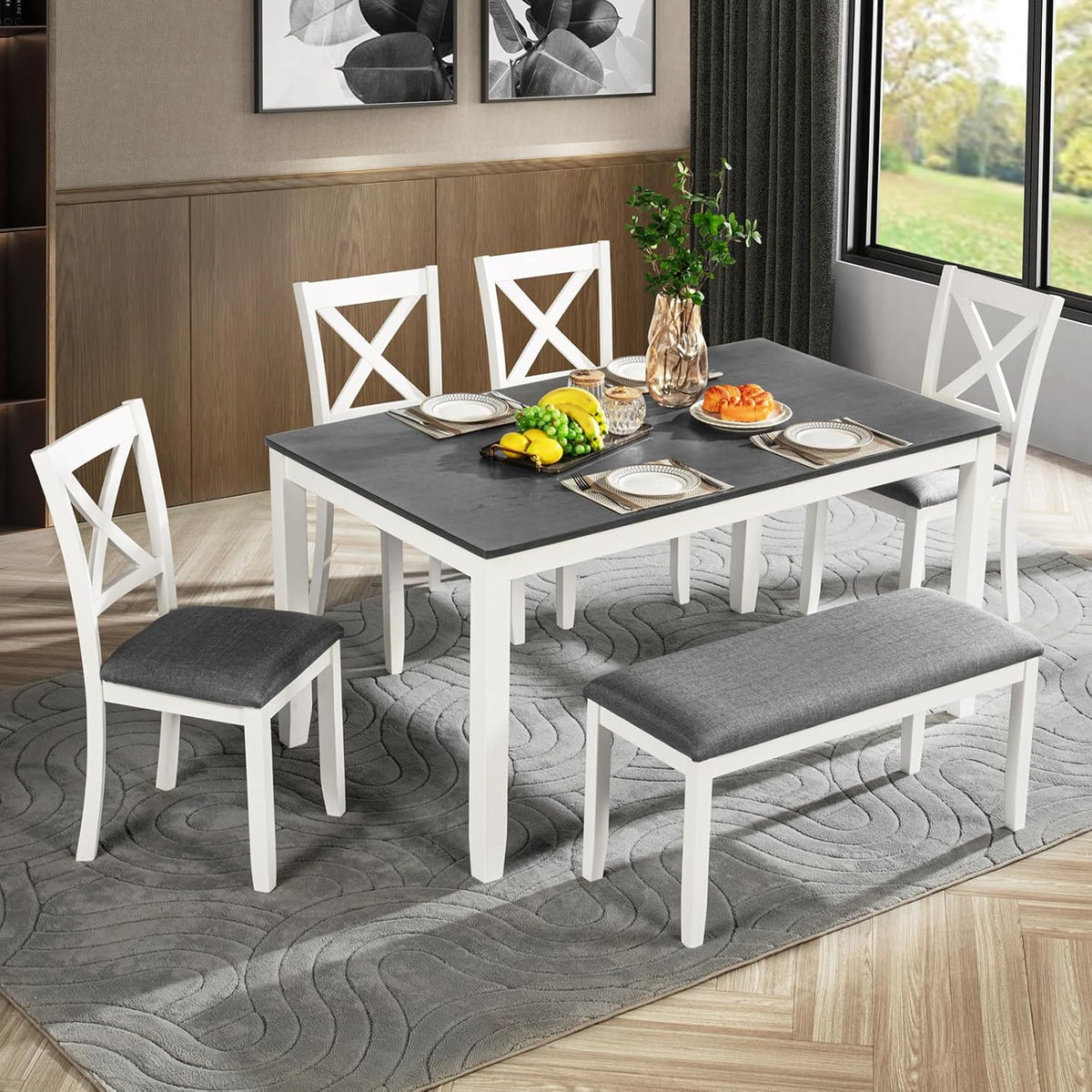 Merax 6-Piece Farmhouse Dining Table Set with Chairs and Bench, Wood Kitchen Table Set for 4-6, Rectangular Kitchen Dining Table for Dining Room, Kitchen, Small Apartment, White